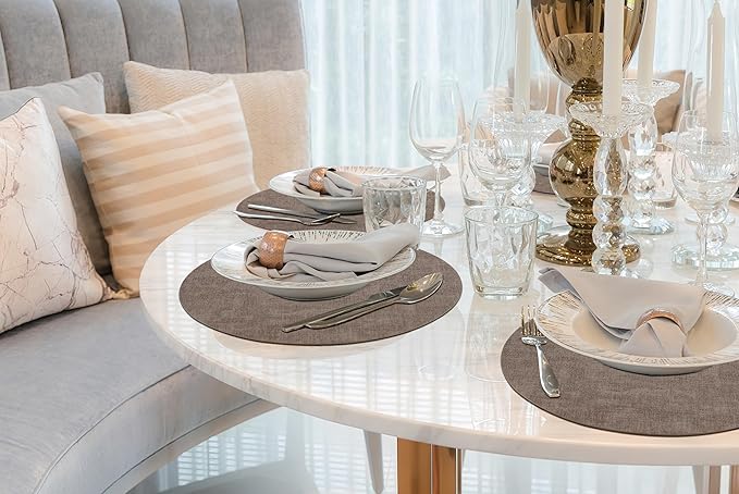 homing Round Faux Leather Placemat and Coaster 4 Packs, Washable Heat Resistant Dining Place Mats, Wipeable Double-Sided Table Mats for Indoor and Outdoor, Diameter 13 and 3.93 inch, Brown