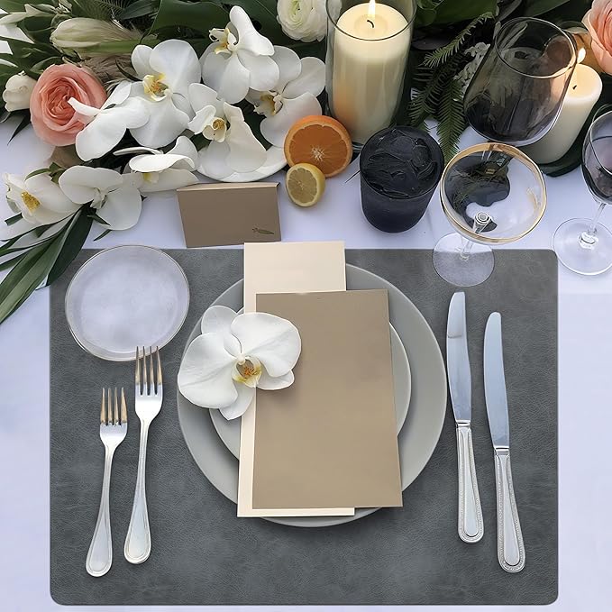 Roxifina Faux Leather Placemats Set of 8 - Vinyl Placemats Wipeable Waterproof Oil-Proof PU Place Mats Heat Resistant Reversible Table Mats for Dining, Kitchen, Outdoor, 12 x 17 Inch (Gray)