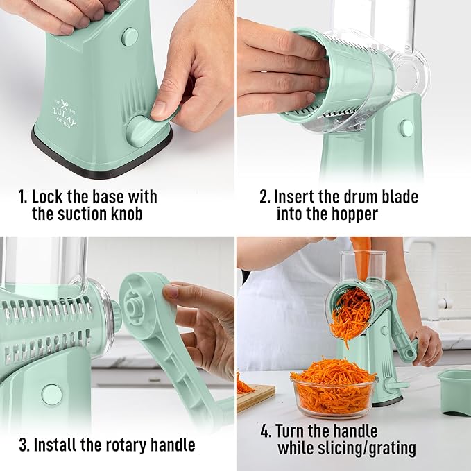Zulay Kitchen Rotary Cheese Grater 5 Blade Cheese Shredder - Manual Hand Crank Cheese Grater With Reinforced Suction & 5 Interchangeable Drums - Easy to Use, Vegetable Chopper Round Mandoline Slicer