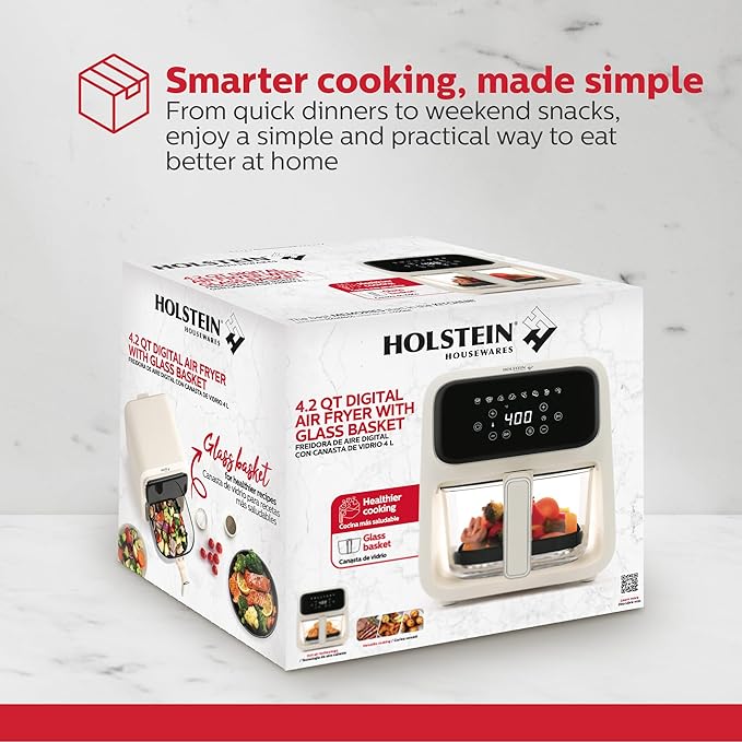 Holstein Housewares 4.2 QT Digital Air Fryer with Glass Basket, With Hot Air Technology, Up to 400° & Non -Stick Frying Pan for Less Oil Use. Air Fry, Bake, Grill, Dehydrate & Roast Healthy Meals