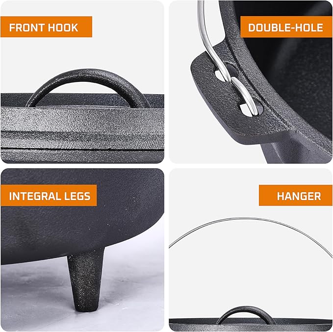 Bruntmor 5 Qt Camp Dutch Ovens Set - Black: Experience high-performance cooking with this versatile and durable 3-piece set, including a pot, lid, and 9" meat rack/trivet. - 13 x 13 inch