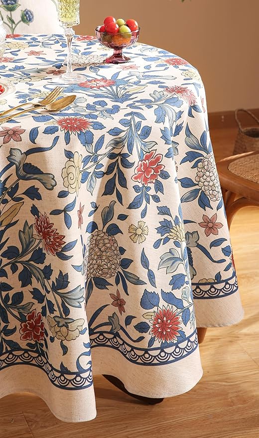 patdrea Designer Blue Tablecloth for Round Tables,Vintage Linen with Leaves and Flowers Pattern Tablecloths,Farmhouse Floral Table Cover Cloth Decor for Kitchen Dining Christmas,Diameter 55"