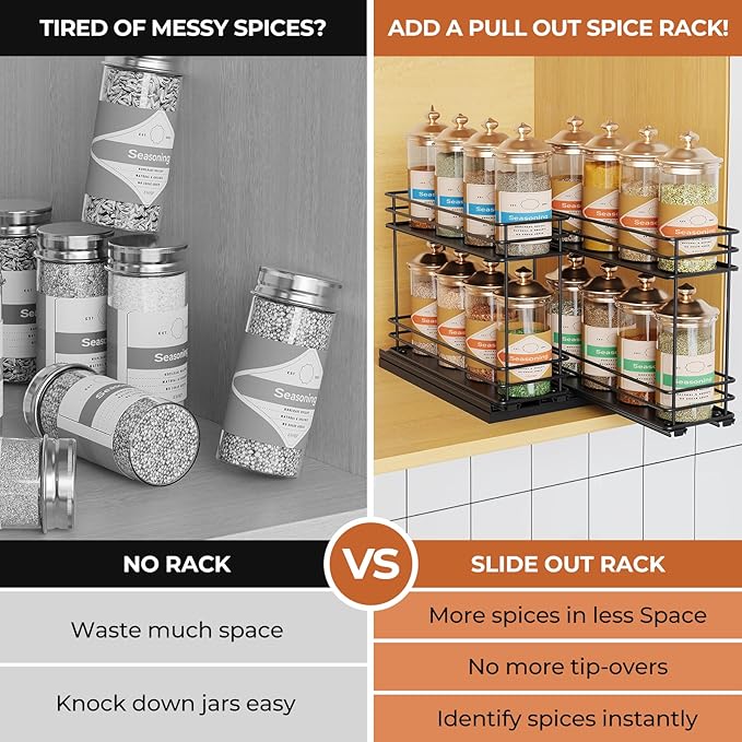 Pull Out Spice Rack Organizer for Cabinet, Slide Out Spice Racks, Easy to Install, 3.0''Wx10.35''Dx8.26''H, 2 Drawers 2 Tiers(Black)