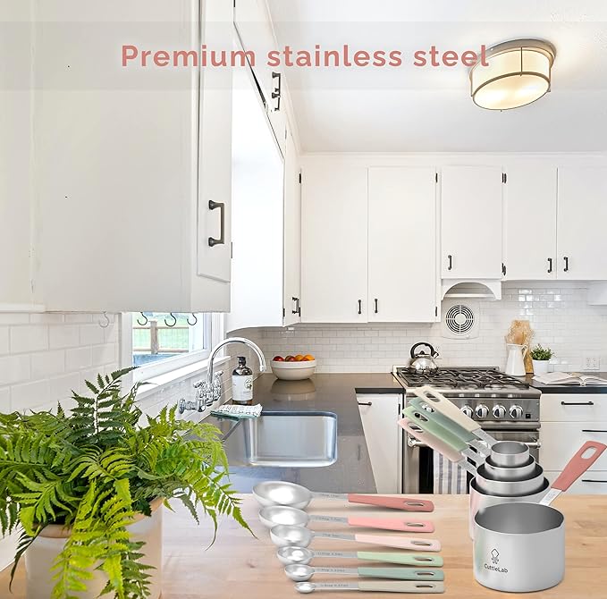 Measuring Cups and Measuring Spoons Set of 14 - Stainless Steel Measuring Cups and Spoons Set, Includes 1/8 Teaspoon Measuring Spoon, 1/8 Cup Measuring Cup, Leveler Dry (14, Country Chic)