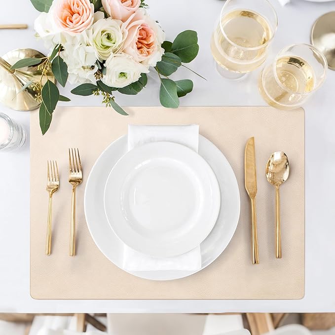 Roxifina Faux Leather Placemats Set of 8 - Vinyl Placemats Wipeable Waterproof Oil-Proof PU Place Mats Heat Resistant Reversible Table Mats for Dining, Kitchen, Outdoor, 12 x 17 Inch (Beige)
