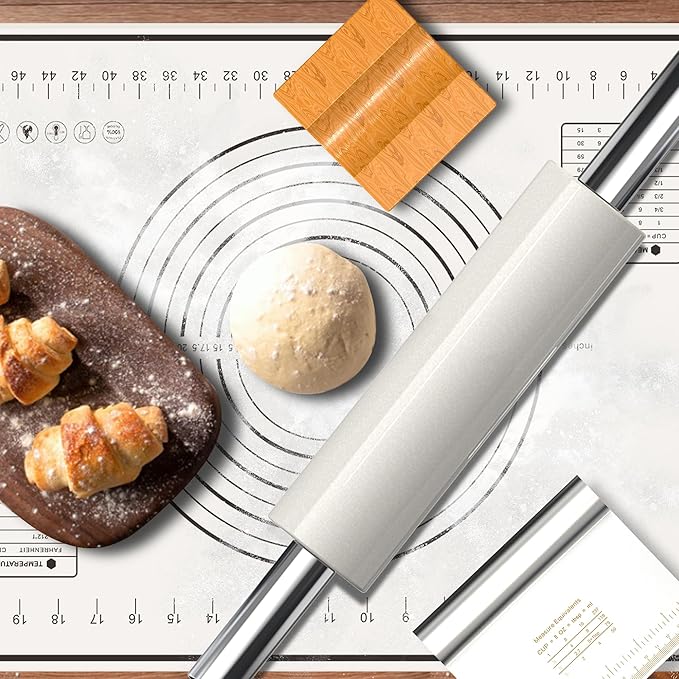 Marble Rolling Pin with Pastry Baking Mat and Stainless Steel Dough Cutter, 18.5â (Includes handle) Rolling Pin for Baking Cookie Crust Crisp Pizza with 3 Thickness Rings and Wood Stand