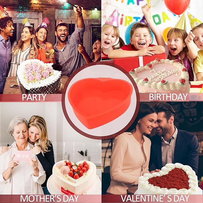 MILIVIXAY 2PCS Heart Shaped Cake Pans, 8 Inch Cake Mold, Red, Thin Style, Completely Non Stick, Food Grade Silicone, Easy To Store and Wash, Microwave, Freezer and Oven Safe.