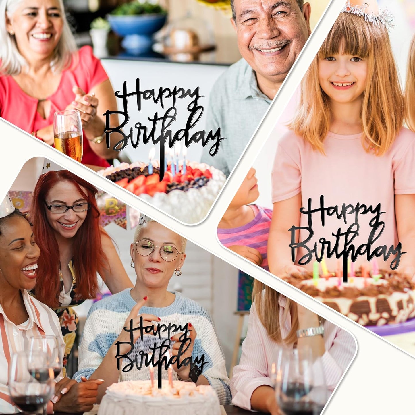 1PCS Acrylic Cake Topper, 4.7 Inches x 5.5 Inches Happy Birthday Cake Topper, Black Birthday Cake Decorations Flower Arrangements Sign for Baby Shower, Anniversary Decor