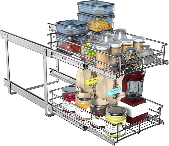2-Tier Cabinet Pull Out Shelves (14" W x 22" D), Slide Out Shelves for Kitchen Cabinets, Metal Under Cabinet Roll Out Shelf