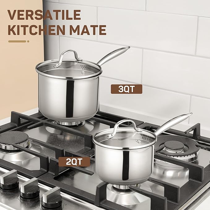 2 Qt Stainless Steel Saucepan with Glass Strainer Lid, 2 Quart Pot Stainless Steel Sauce Pan with Pour Spout, Mirror Polishing, Compatible with All Cooktops Dishwasher Safe Oven Safe