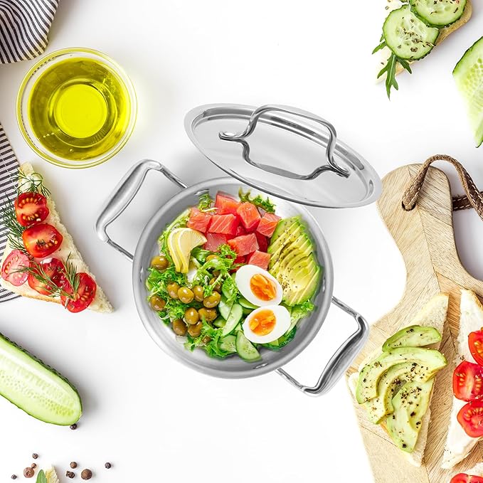 Tri-Ply Stainless Steel Stock Pot,1.8 Quart Sauce Pan with Lid, Induction Pasta Pot Compatible with All Cooktops, Small Cooking Pot for Boiling Gravies, Pasta, Soup, Oven & Dishwasher Safe