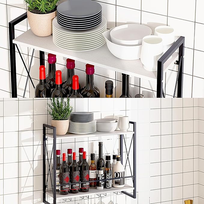 Dokser Wine Rack Wall Mounted 2 Tier Shelf, Wall Wine Rack with Rustic Wood & Industrial Iron Frame, Wine Bottle Holder for Kitchen, Dining Room, Home Bar Decor (White)