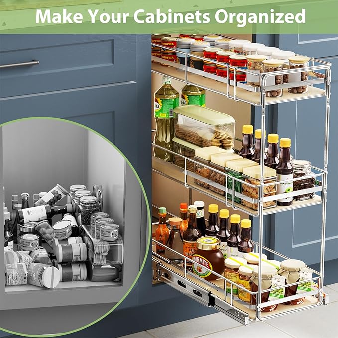 ROOMTEC 3-Tier Pull Out Cabinet Organizer Spice Rack for Narrow Cabinet 9" W x 20½" D, Slide Out Wood Shelves Storage for Kitchen