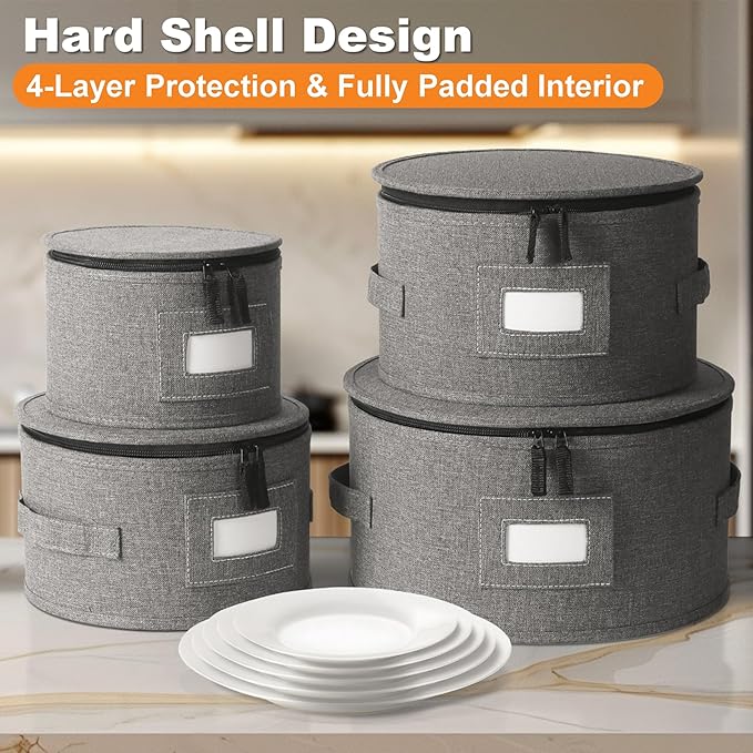 China Storage Containers, 4PCS Hard Shell Dish Storage Containers with Felt Dividers for Charger Plates Dinnerware, Moving Boxes for Dishes, Stackable Plate Storage Cases for 12 Place Setting