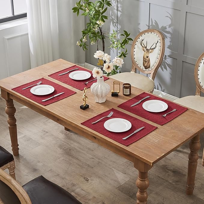 BALCONY & FALCON Placemats Set of 6 Faux Linen Cloth Place Mats Washable Waterproof Wrinkle Resistant Table Placemats for Dining Kitchen Farmhouse Indoor & Outdoor Use(Ruby Red, 13.8”x 17.7”