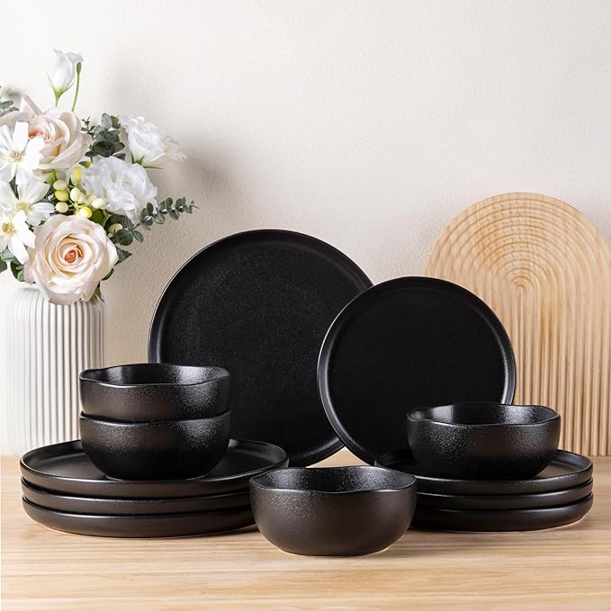 TheTerra Ceramic Dinnerware Sets for 4, 12 Pieces Porcelain Lightweight Plates and Bowls Sets, Scratch Resistant Dish Set, Oven & Microwave & Dishwasher Safe, Black