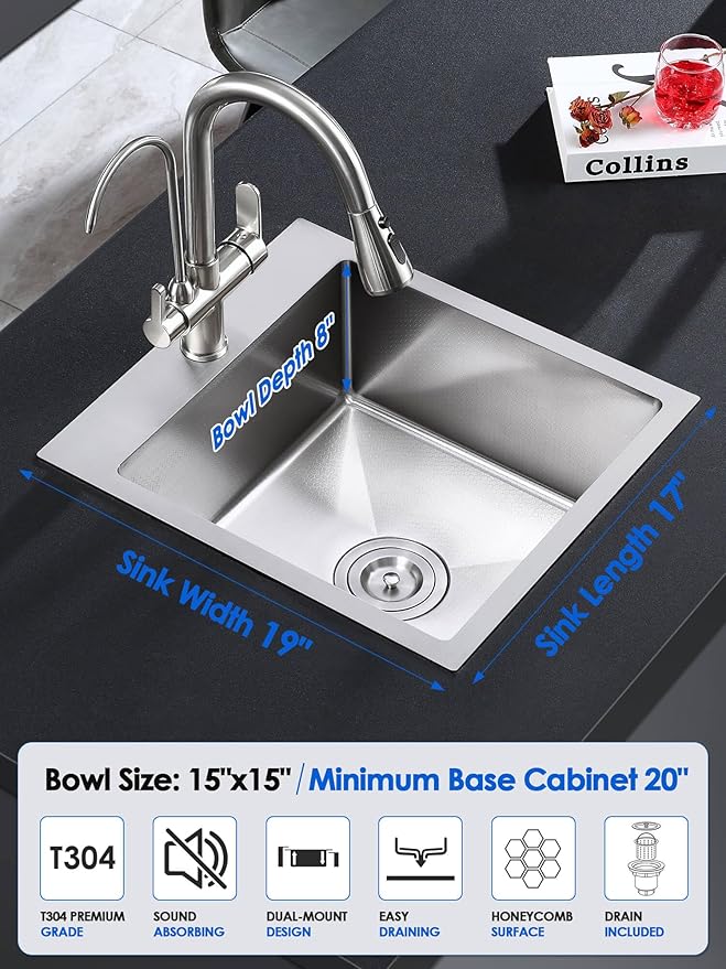 ROVOGO 17"x19"x8" Kitchen Bar Sink 304 Stainless Steel, Drop-In Single Bowl with Anti-Scratch Honeycomb Surface, 1 Faucet Hole, Top Mount Wet Bar Sink, Brushed Finish