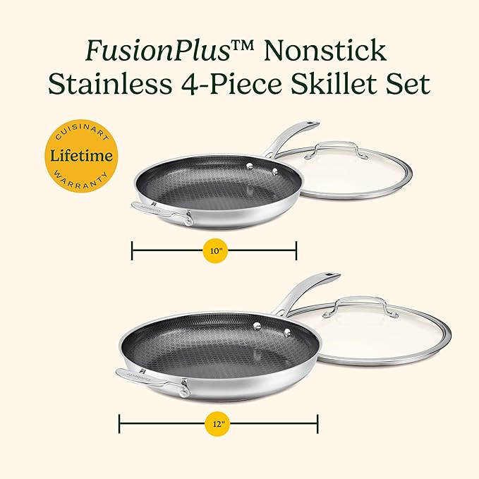 CUISINART FusionPlus Nonstick Stainless Steel Cookware Set, 4-Piece Skillet Cooking Set with PFAS-Free PURELYSEAR Ceramic Non Stick Technology, Scratch Proof, Cool Grip Handles, Dishwasher Safe