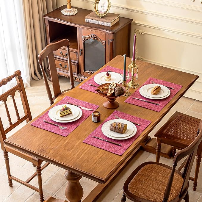 KXN Placemats Set of 6, Dual-Layer Thickened Faux Linen Table Mats, Heat Resistant & Wrinkle-Free, Machine Washable Cloth Place Mats for Kitchen Dining Indoor Outdoor (Pink)