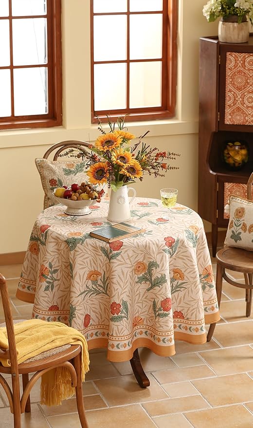 patdrea Designer Floral Linen Table Cloth Durable Breathable Tabletop Cover Dacorative Kitchen Dining Tablecloth for Round Tables for Kitchen Dining Parties,Holiday Christmas,Diameter 67"