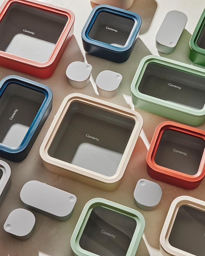 Caraway 14pc Glass Food Storage Container Set - Easy to Store, Non Toxic Lunch Box - with Glass Lids - Includes Storage Organizer & Dot & Dash Inserts - Gray