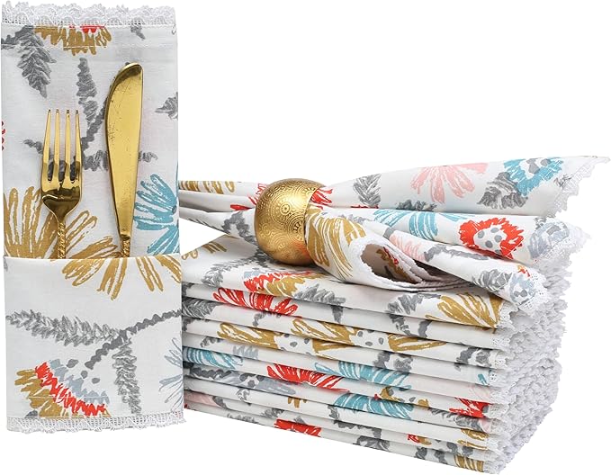 Bedding Craft Cloth Dinner Napkins Set of 12 – 18x18 Multicolor Lace Print – Durable Stylish Fabric Napkins Perfect for Dining, Weddings & Table Décor