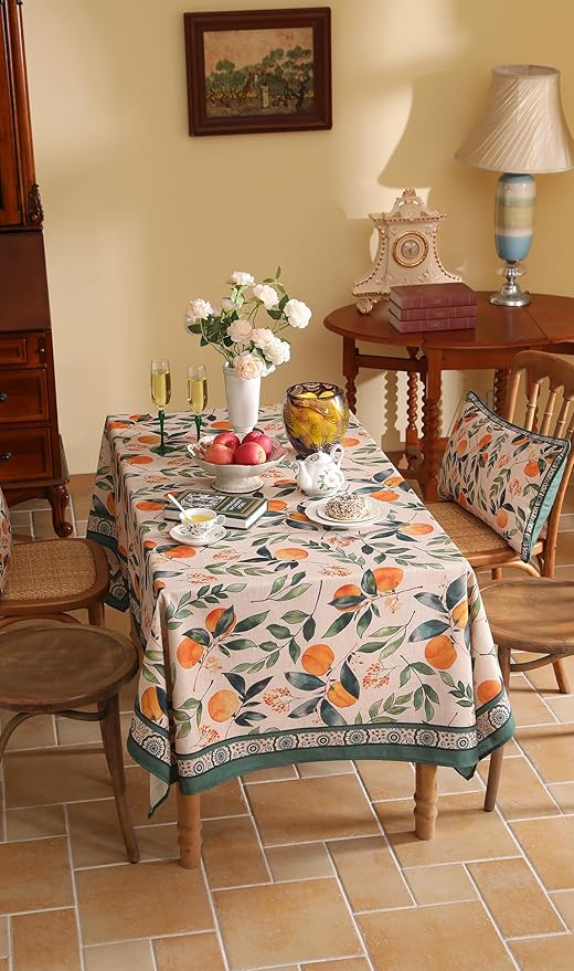 patdrea Designer Small Orange Tablecloth for Square Tables,Farmhouse Linen Oranges and Leaves Tree Linen Tablecloth,Fall Fruits Table Cover Cloth Decor for Kitchen Dining Christmas,55"*55"