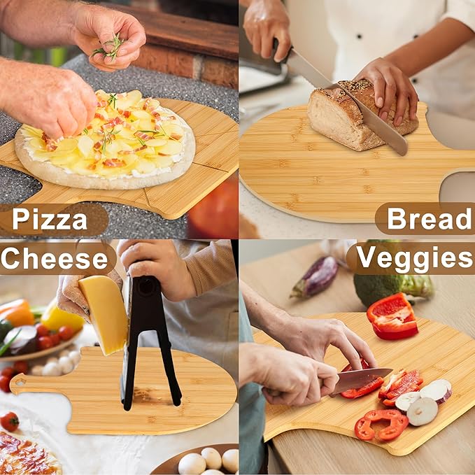 Pizza Peel Wooden, 12 Inch Pizza Spatula Wood Non-Stick, Bamboo Pizza Paddle as Cutting Board with Cutting Grooves for Easy Pizza and Bread Making