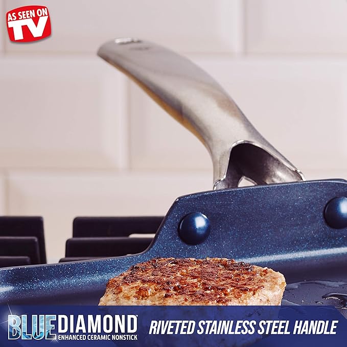 Blue Diamond 14 Piece Nonstick Cookware Set & 11" Griddle Pan, Diamond Ceramic Pots & Pans, Dishwasher & Metal Utensil Safe, Non Toxic PFAS-Free, Kitchen Cooking Sauce & Saute Pans, Oven 600F, Blue