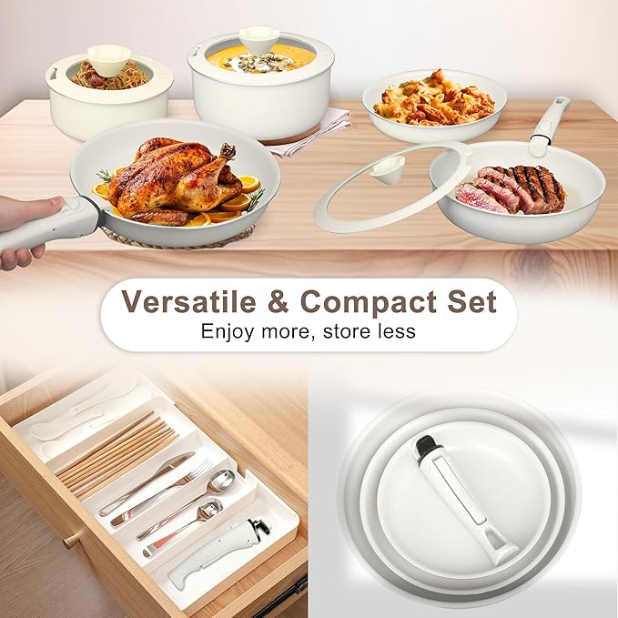 FAB&DELUXE Nonstick Cookware Set,13 Pcs Nonstick Pots and Pans with Lids, Aluminum Induction Cooking Set with Detachable Handle, Oven Safe, Non Toxic Healthy Kitchen Cookware Sets, PFAS and PFOA Free