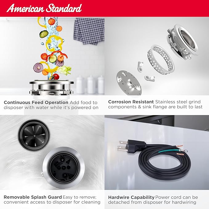 American Standard 10-US-AS-12-SL Garbage Disposal Anti-Jam Stainless Steel Food Waste Grinding System, Slim Line, 1.25 HP, Black