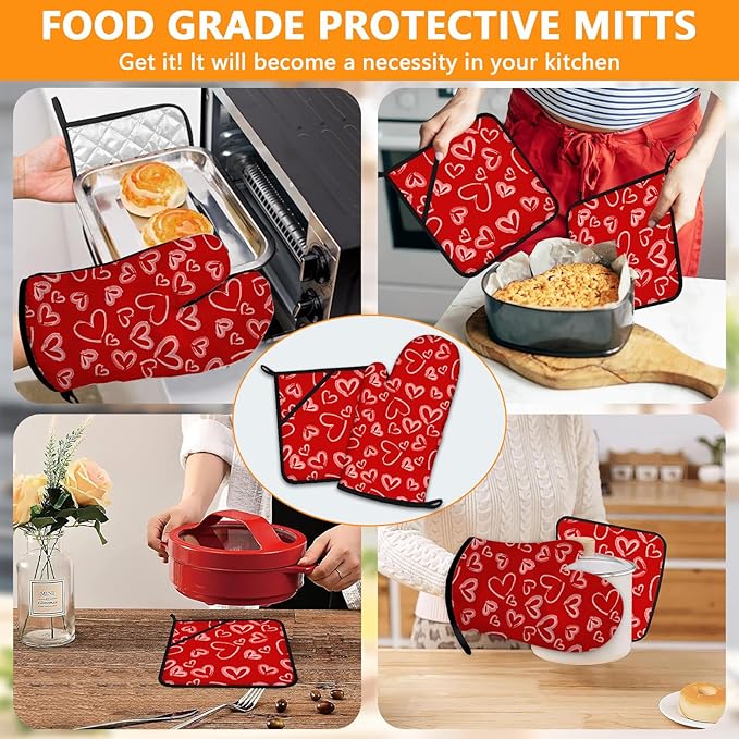 White Love Hearts Oven Mitts and Pot Holders Sets 4Pcs,Extra Long Oven Gloves Potholder for Kitchen Cooking Baking BBQ 100% Cotton Heat Resistant