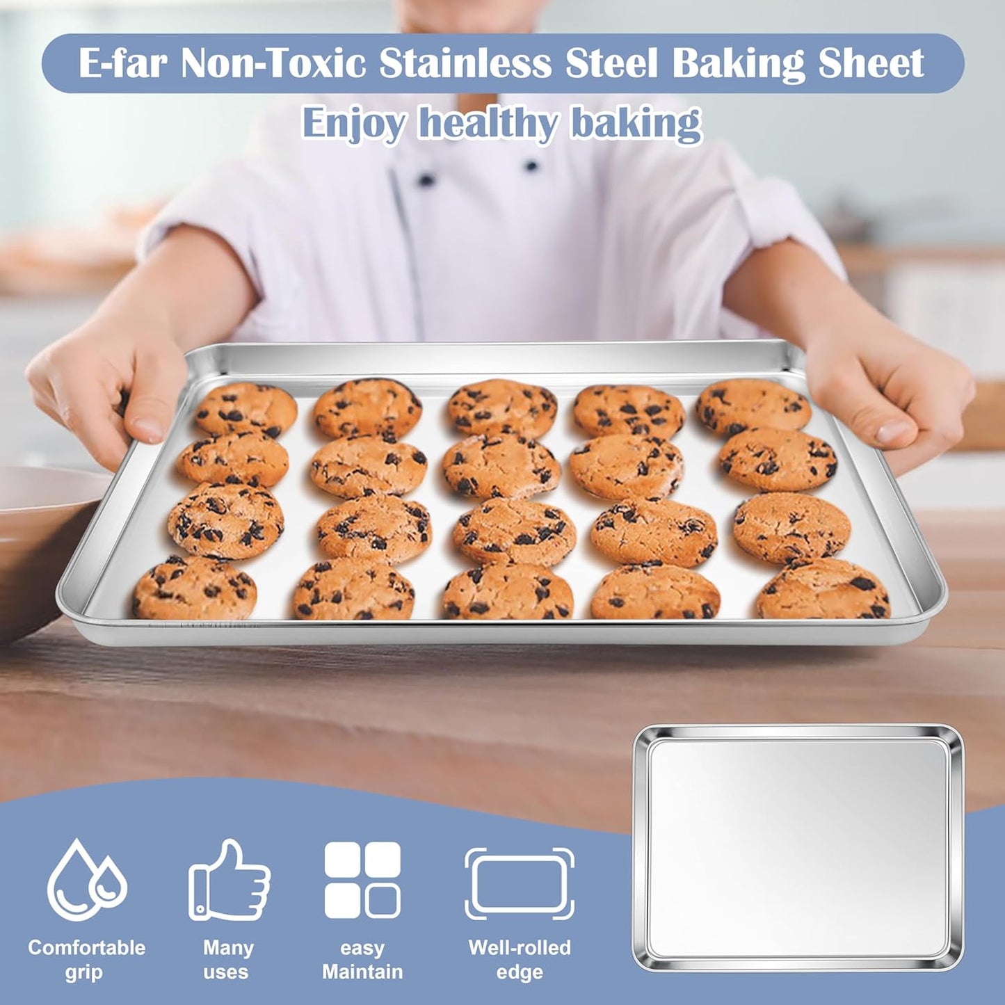 E-far Stainless Steel Baking Sheets Set of 3, 12.4” x9.7” Baking Cookie Sheets Pans for Oven, Non-toxic Metal Trays for Cake Cookies, Healthy & Rust Free, Mirror Finish & Dishwasher Safe