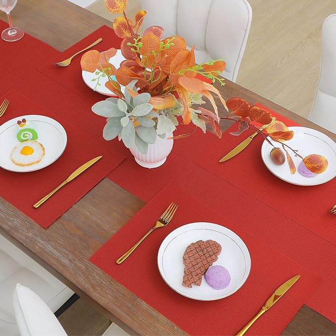 SHACOS Placemats Set of 6 Woven Vinyl Christmas Place Mats for Dining Table Wipe Clean Stain Resistant Table Mats Indoor Outdoor (6, Red)