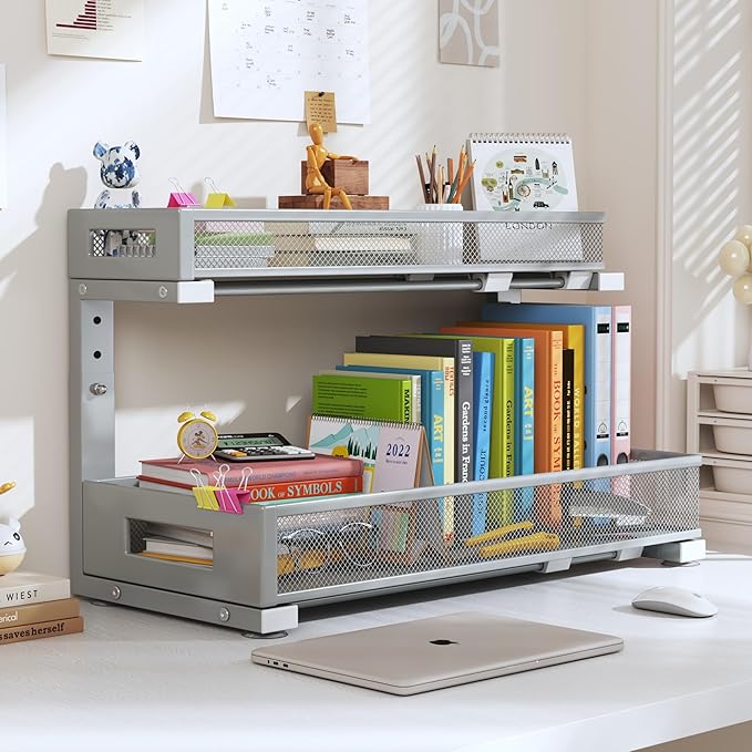 2 Pack 19IN Depth Under Sink Storage Organizer, Large 2-Tier Elegant Mesh Pull Out Shelf for Kitchen and Bathroom Cabinet Organization, L-Shaped and Adjustable Height Design-Gun Gray