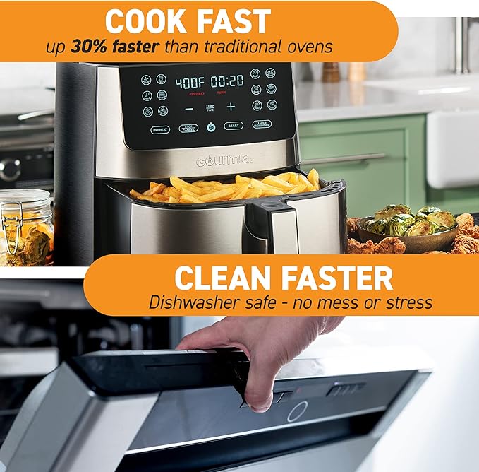 Gourmia Air Fryer Oven Digital Display 8 Quart Large AirFryer Cooker 12 Touch Cooking Presets, XL Air Fryer Basket 1700w Power Multifunction GAF838 Black and stainless steel air fryer