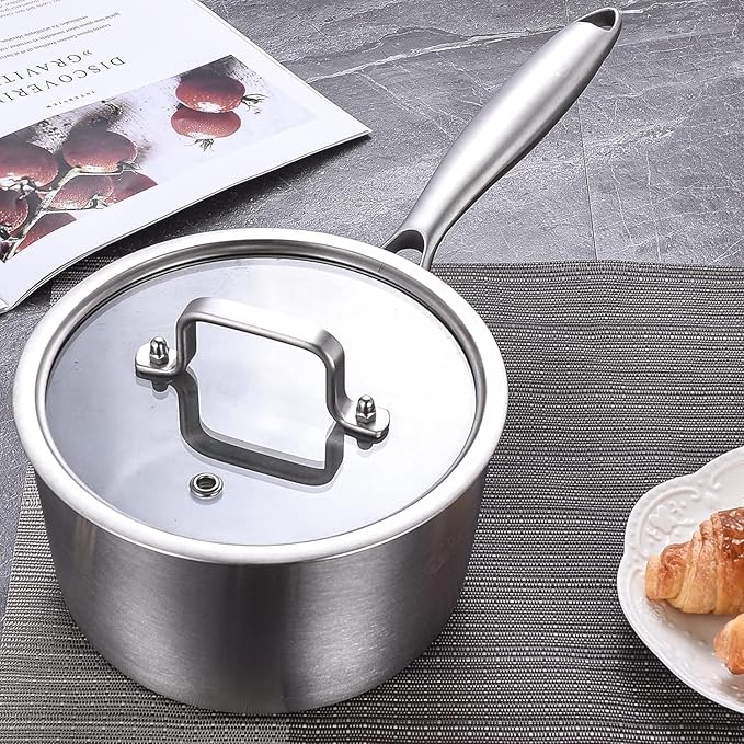 LOLYKITCH Whole Body Tri-Ply Stainless Steel Saucepan Set of 2,Induction Pots Set,Dia.16CM & 20CM Saucepans with Lids,Oven and Dishwasher Safe.(1.5QT & 3QT)