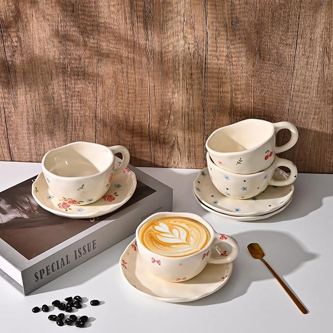 Koythin Ceramic Coffee Mug with Saucers, Handmade Flowers Mugs, Cute Cup for Girl Women, Aesthetic Tea Milk Cup with Handle, 8.5 oz/250 ml for Latte, Cocoa, Office, Home (Blue Flowers)