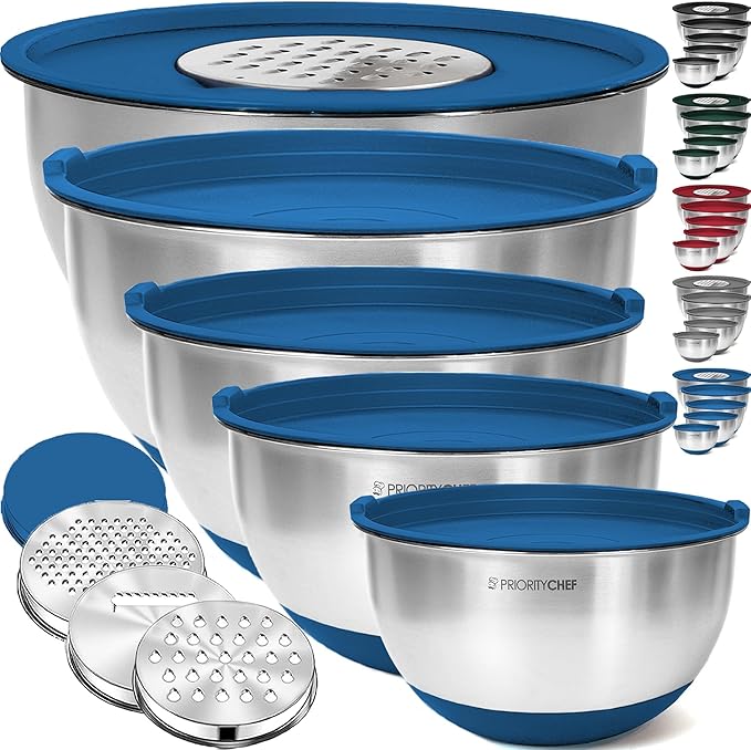 Priority Chef Stainless Steel Mixing Bowls with Lids Set, 3 Grater Attachments, Airtight Lids, Non-Slip Silicone Base Mixing Bowl Set, Large Prep Metal Mixing Bowls for Kitchen, Blue