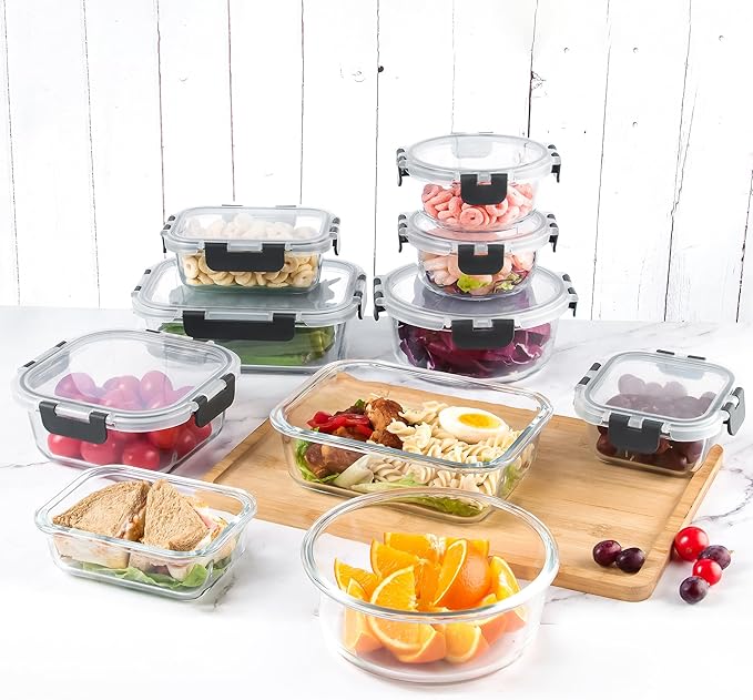 12 Pack Glass Storage Containers with Lids, Glass Meal Prep Containers Set, Airtight Food Storage Containers, Blue