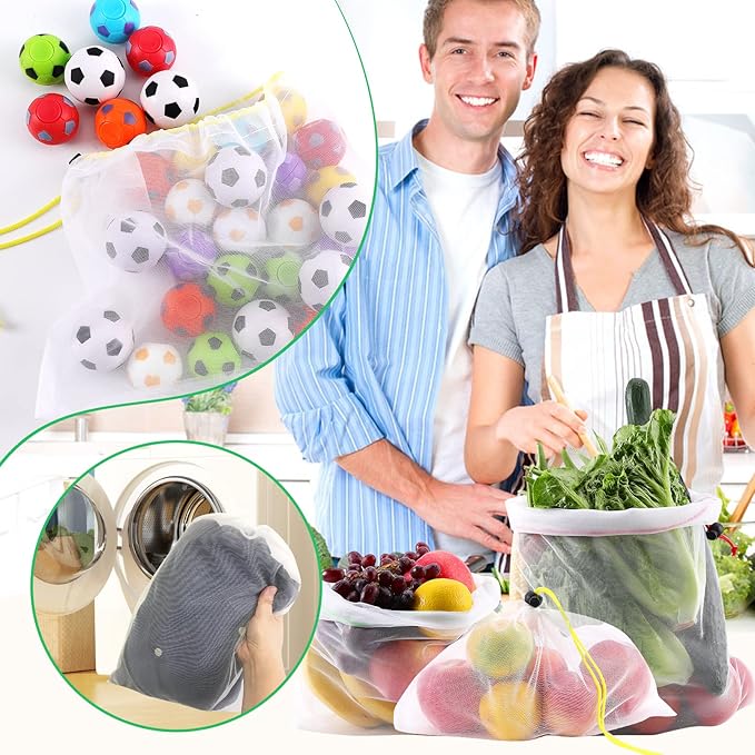 20 Pack Reusable Produce Bags,Mesh Produce Bags Washable,See-Through Vegetables Fruits Bag,Premium Strength Toy Storage Mesh Bags with Drawstring for Fruits Vegetables Fridge Storage Toys,3 Sizes