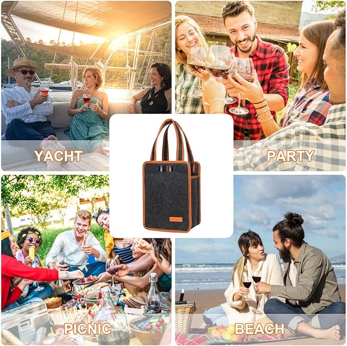 2 Pack 6 Bottle Wine Tote Bag, Insulated Thermal Padded Wine Carrier Tote, Reusable Wine Bags for Wine Bottles Travel, Camping and Picnic, Perfect Wine Lover Gift