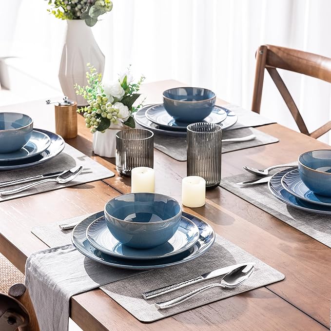 GBHOME Ceramic Dinnerware Sets for 8, 24 Pieces Stoneware Plates and Bowls Sets, Reactive Glaze Dishes -Scratch Resistant, Dishwasher&Microwave Safe-Alaskan Blue