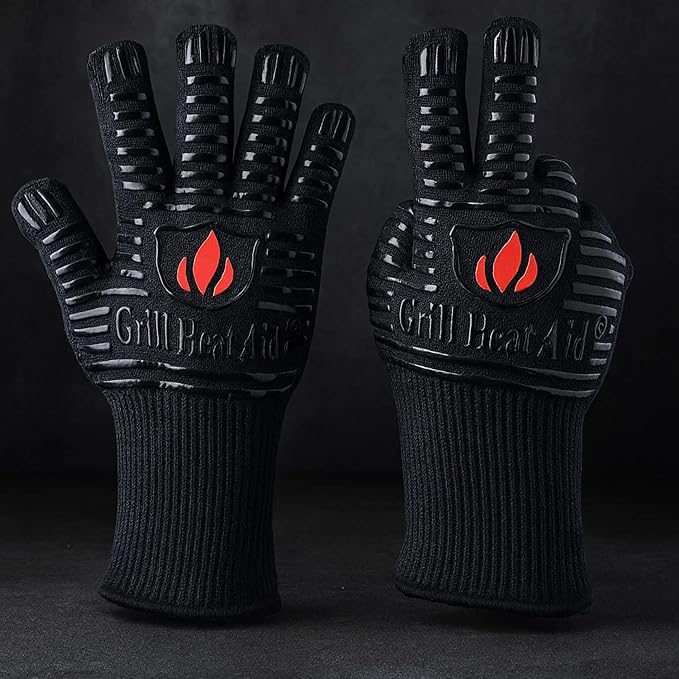 GRILL HEAT AID BBQ Grill Gloves 1472°F - Extreme Heat Resistant Oven Mitts for Grilling, Smoker & Fire Pit with Silicone Grip & EN407 Cut Resistance - Mid Cuff, Black