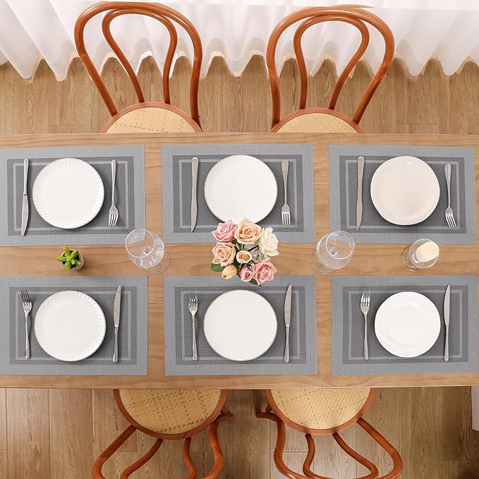 SHACOS Woven Vinyl Placemats Set of 6 Wipe Clean Place Mats for Dining Table Heat Resistant PVC Weave Table Mats Indoor Outdoor (6, Frame Grey)