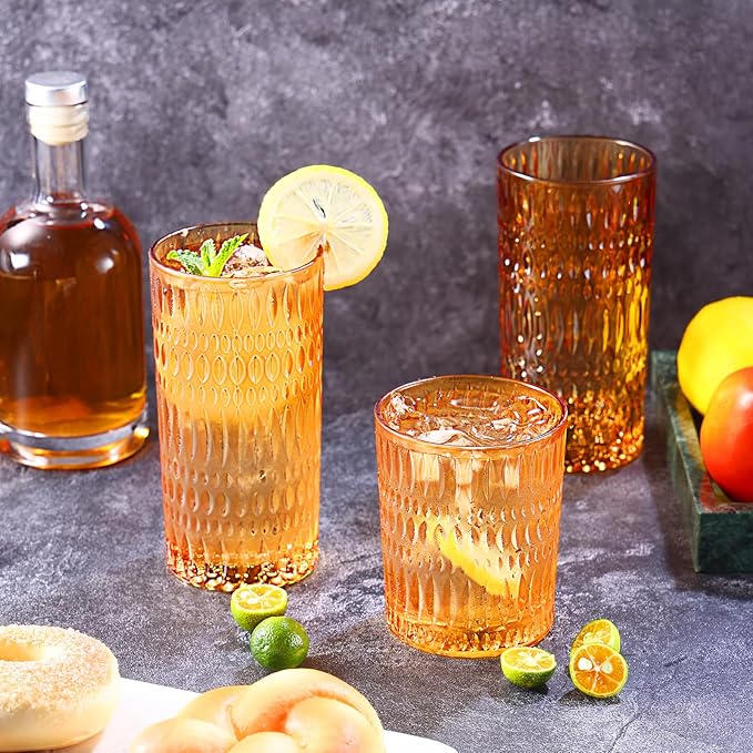 Glassware Drinking Glasses Set of 8, 14 oz Highball Glasses & 10 oz Ribbed Glass Cups, Vintage Glassware for Water, Juice, Cocktail (Thanksgiving Amber)