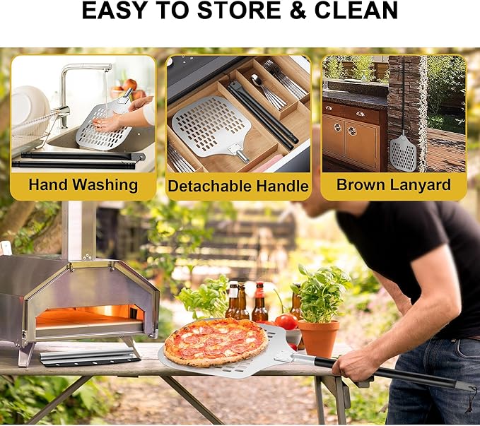 12 Inch Perforated Pizza Peel Aluminum Pizzas Spatula, Joyfair 12’’ x 14’’ Metal Pizza Paddle with Rocker Cutter Pizza Oven Accessories Turning Tool Set, Easy Cleanup (Detachable Handle)