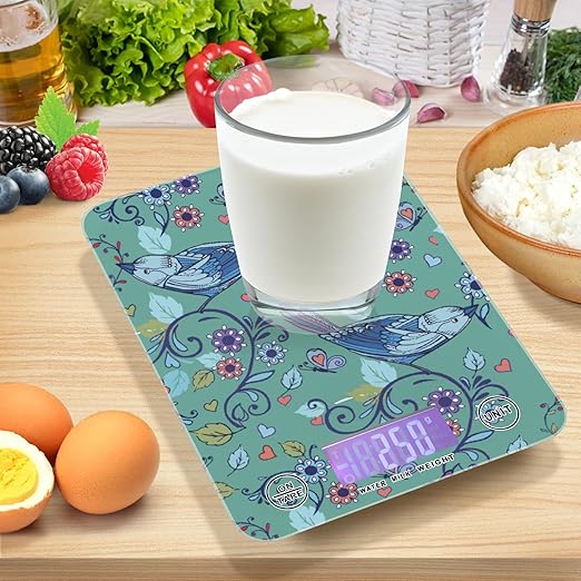 Food Scale Kitchen Digital Scale Food Ounces and Grams Dieting Baking Cooking Waterproof Glass Panels LCD Display,4 Units Scale Tare Function Bird