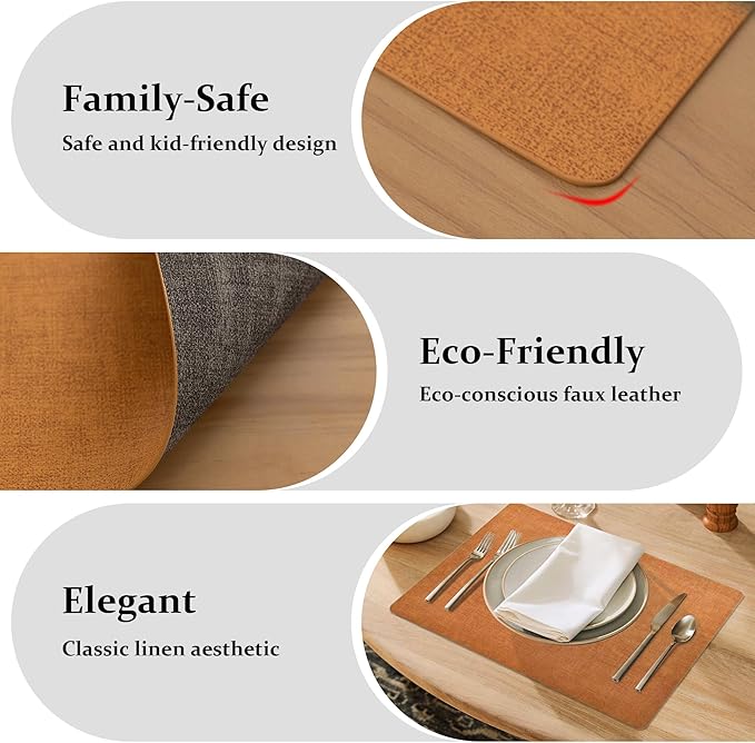 FROMHEART Faux Leather Placemats Set of 12–Waterproof,Heat/Oil Stain-Resistant PU Table Mat–Reversible,Non-Slip,Easy to Clean Place Mats for Kitchen,Dining,Indoor/Outdoor,(Orange-Grey,11.8" x 17")