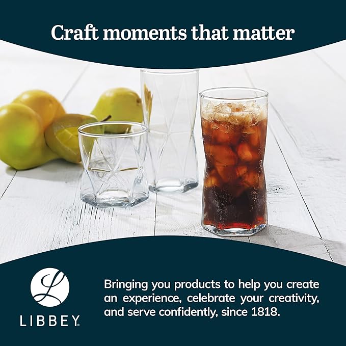 Libbey Rhombus Tumbler and Rocks Drinking Glasses Set of 16, Fun Geometric Glass Cups Set, Kitchen Glasses Set for Cocktails, Water, and Everyday Use